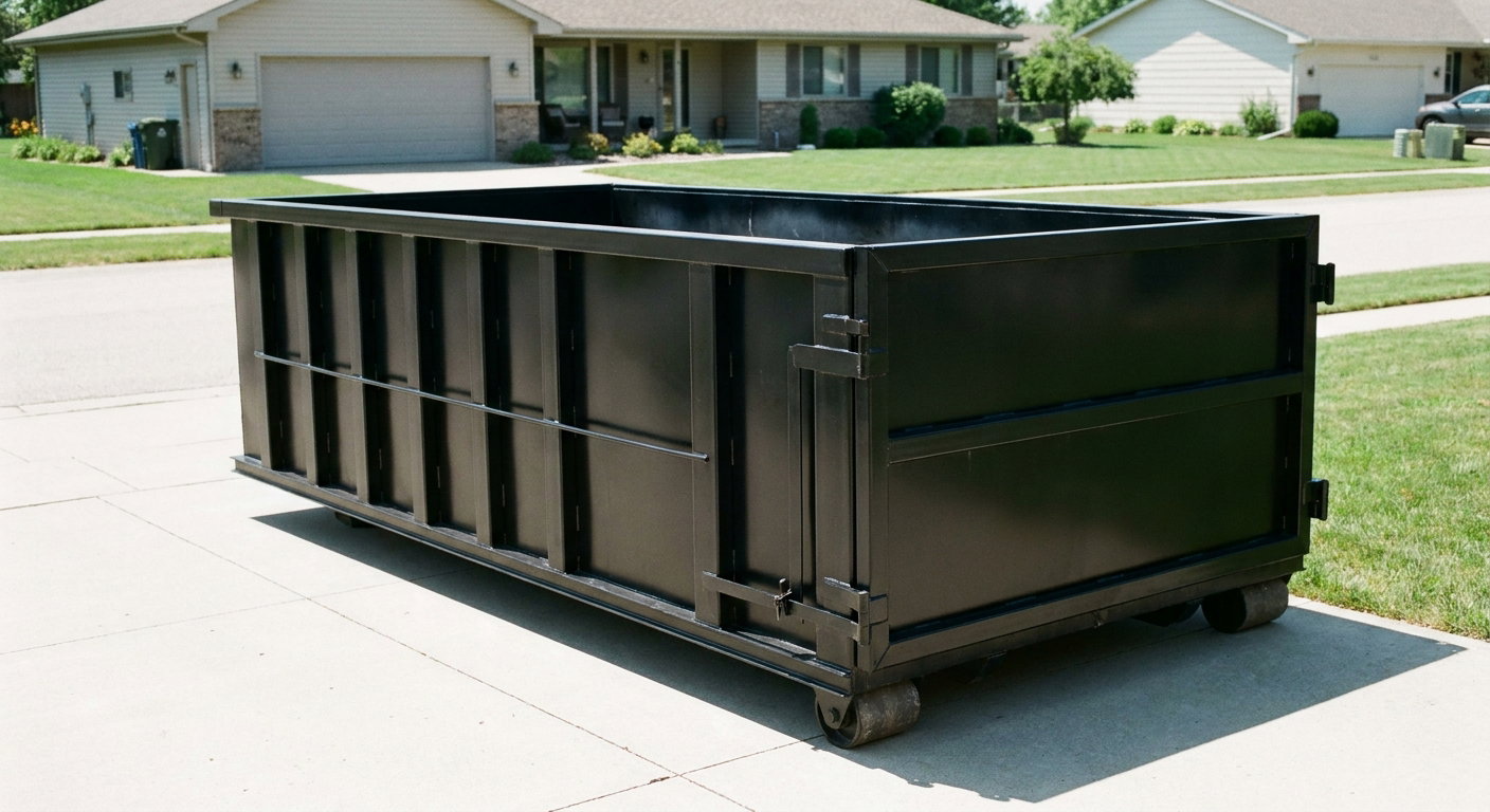 Matte-black 10-yard roll-off dumpster on a residential concrete driveway in Hayward, uniformly painted matte black across every panel and rail, ribbed steel sidewalls and rear swing door visible, mid-day daylight.