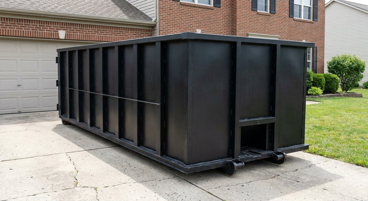 Matte-black 20-yard roll-off container on a Hayward residential concrete driveway with reinforced ribbed steel sidewalls and a hinged rear walk-in door, clean bright daylight.