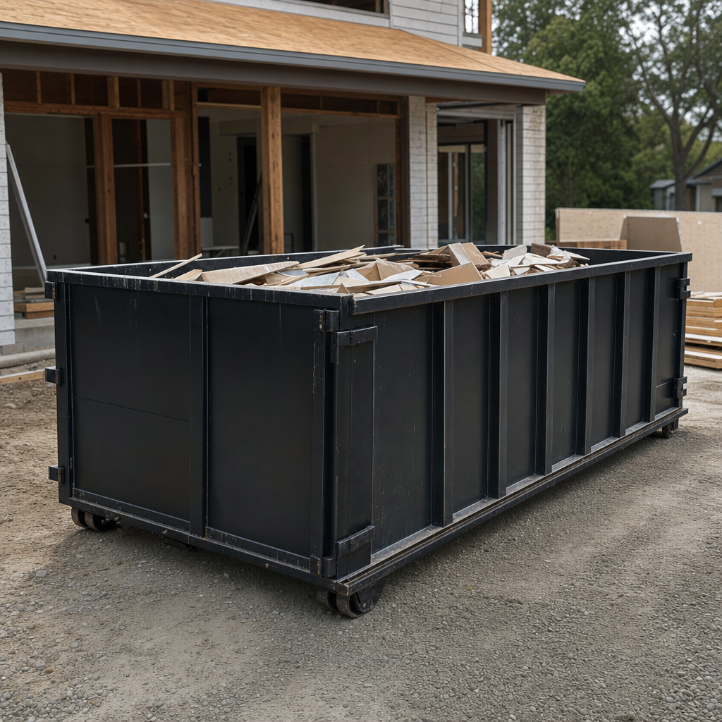 Large matte-black 30-yard construction roll-off dumpster at an active Hayward jobsite, steel-gray top rails and bottom rollers visible, loaded with construction debris.