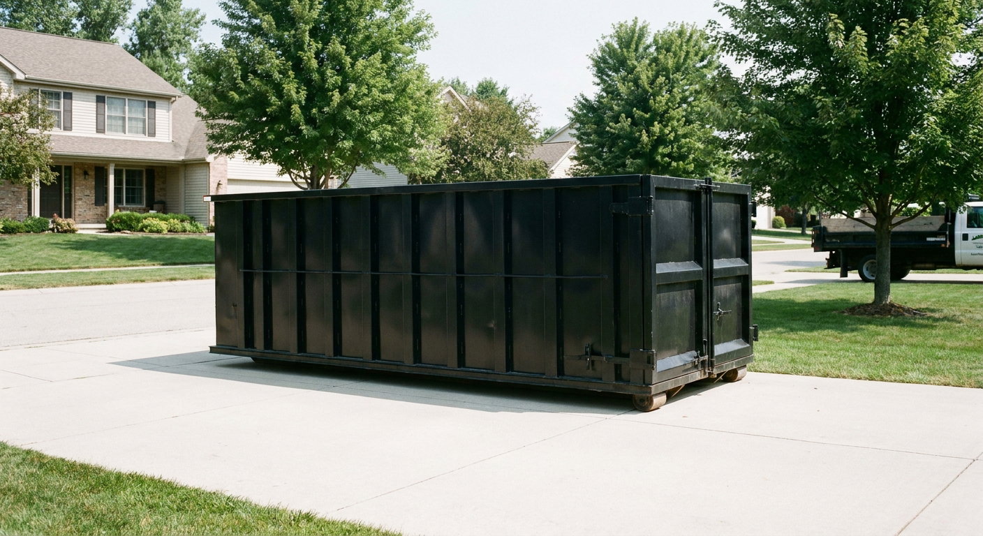 Matte-black 20-yard roll-off dumpster sitting level on a clean Hayward residential concrete driveway under bright daylight, demonstrating clean placement directly on the concrete.