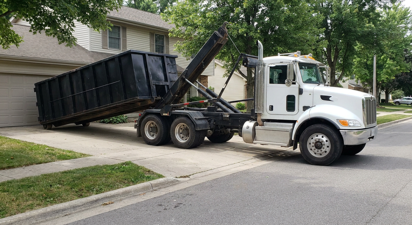 White-cab hooklift roll-off truck actively lowering a matte-black dumpster onto a Hayward residential concrete driveway, the dumpster's rear wheels touching the driveway as the hoist arm tilts the bed forward, mid-morning daylight.
