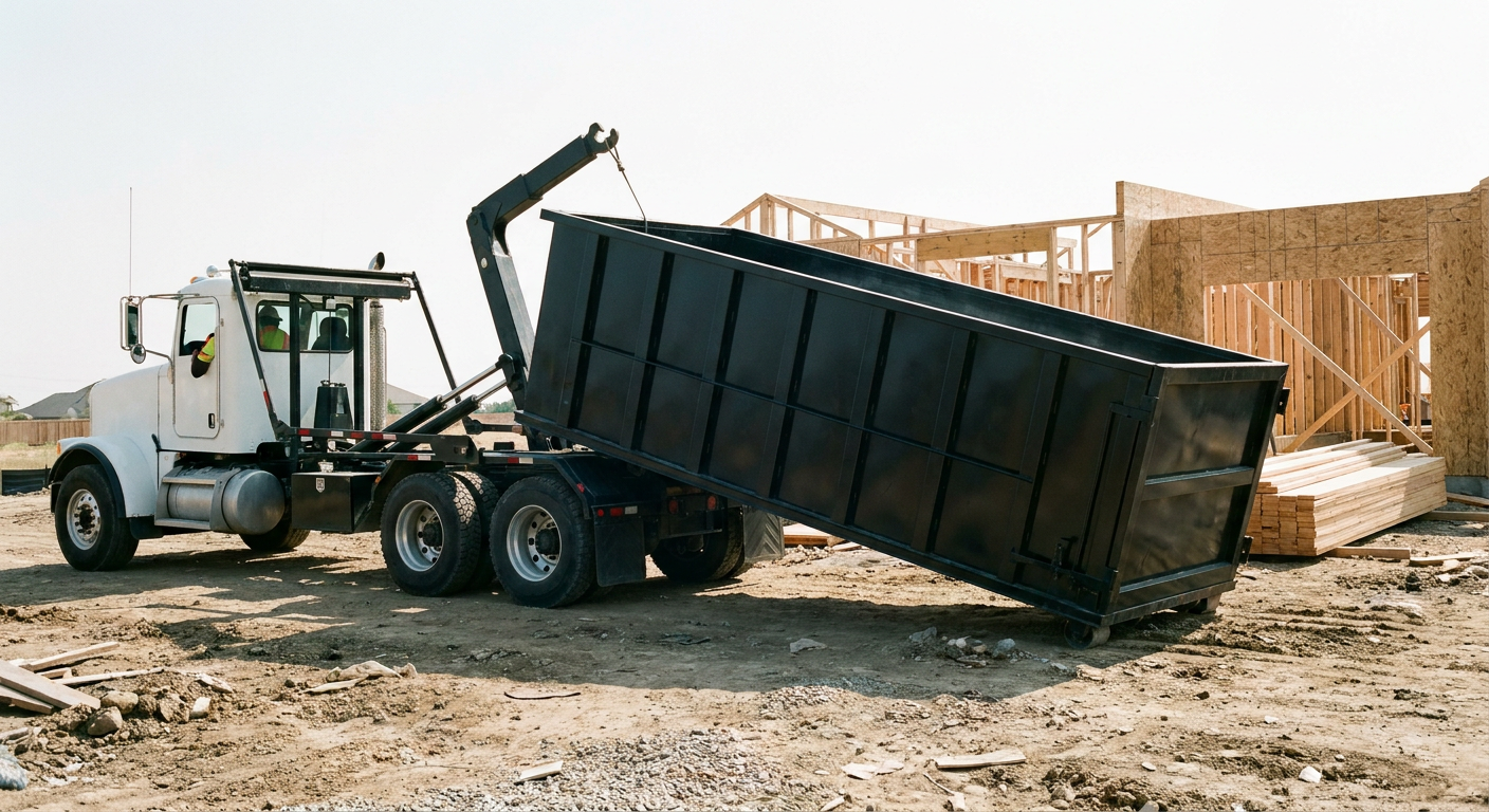 Matte-black roll-off dumpster being delivered onto a clean residential concrete driveway in Hayward by an unmarked white hooklift hauler truck, bright morning daylight, documentary 35mm perspective.